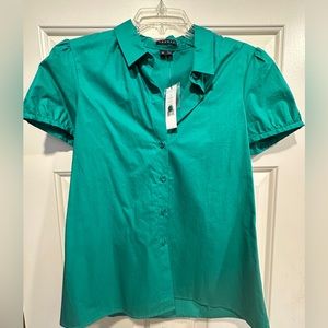 Theory Green Short Puff Sleeve Button Up Susana Top